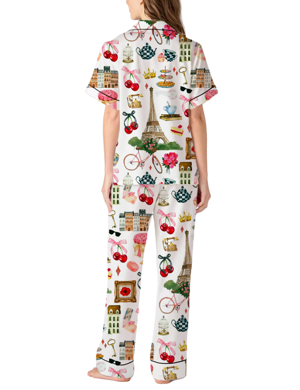 Paris Cherries Silky Satin Pajama Pants Set For Women