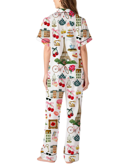 Paris Cherries Silky Satin Pajama Pants Set For Women