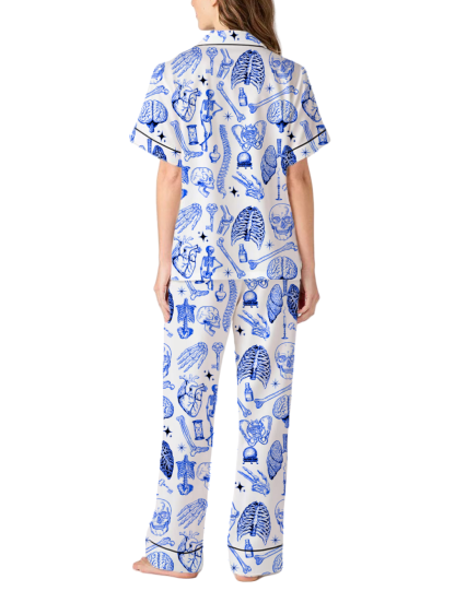 Skeleton Halloween Silky Satin Pajama Pants Set For Women