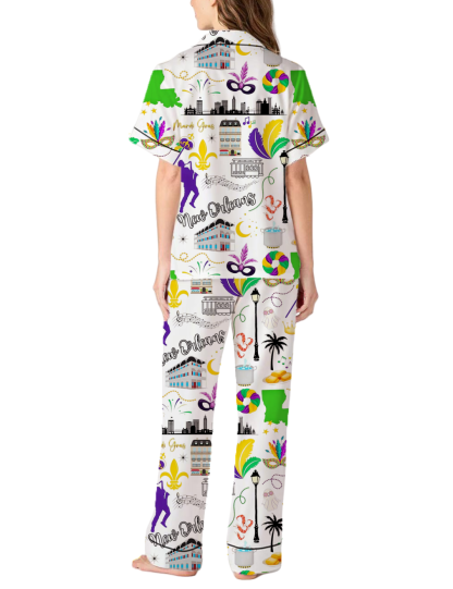 New Orleans Mardi Gras Silky Satin Pajama Pants Set For Women