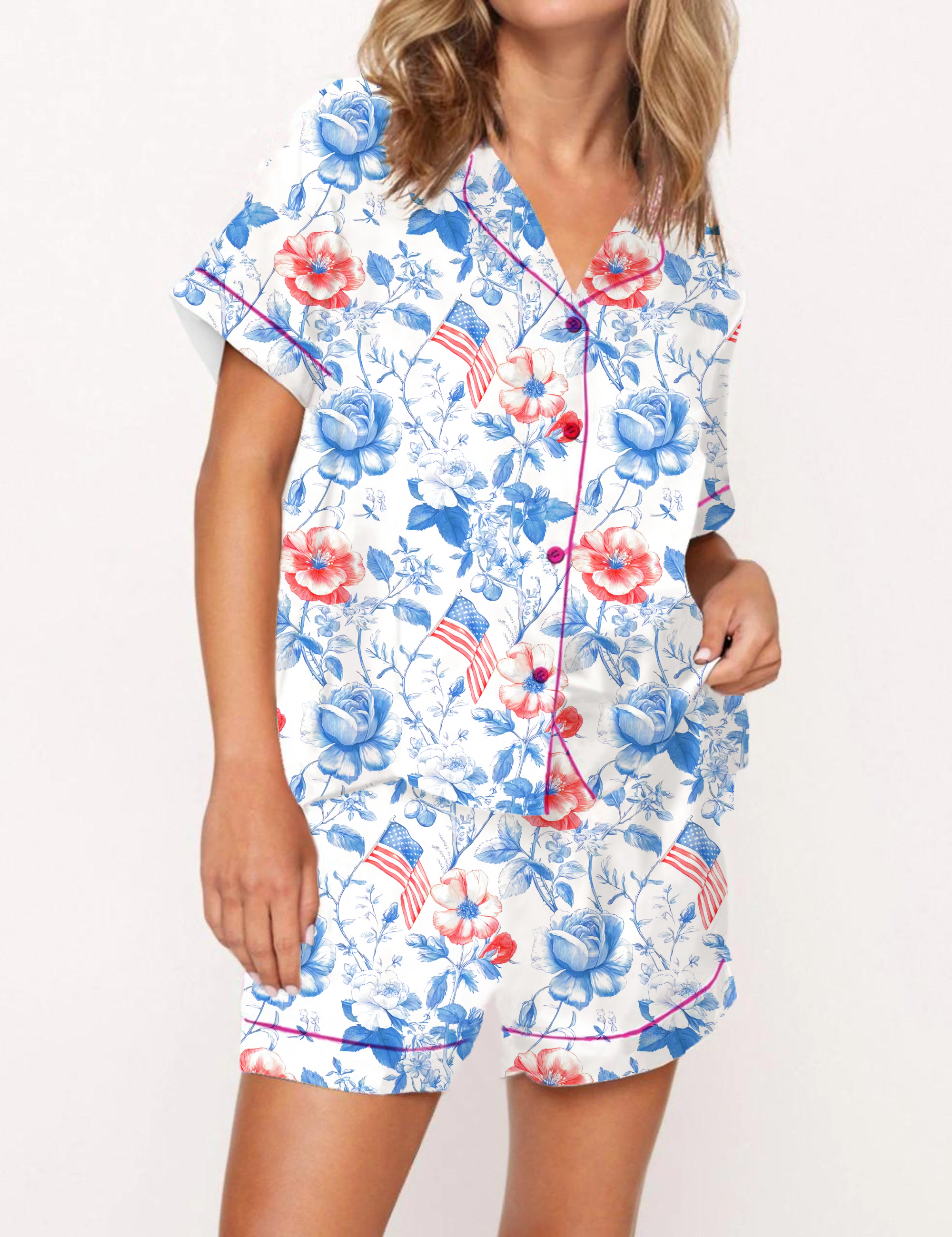 Colonial Americana Toile Silky Satin Pajama Short Set For Women