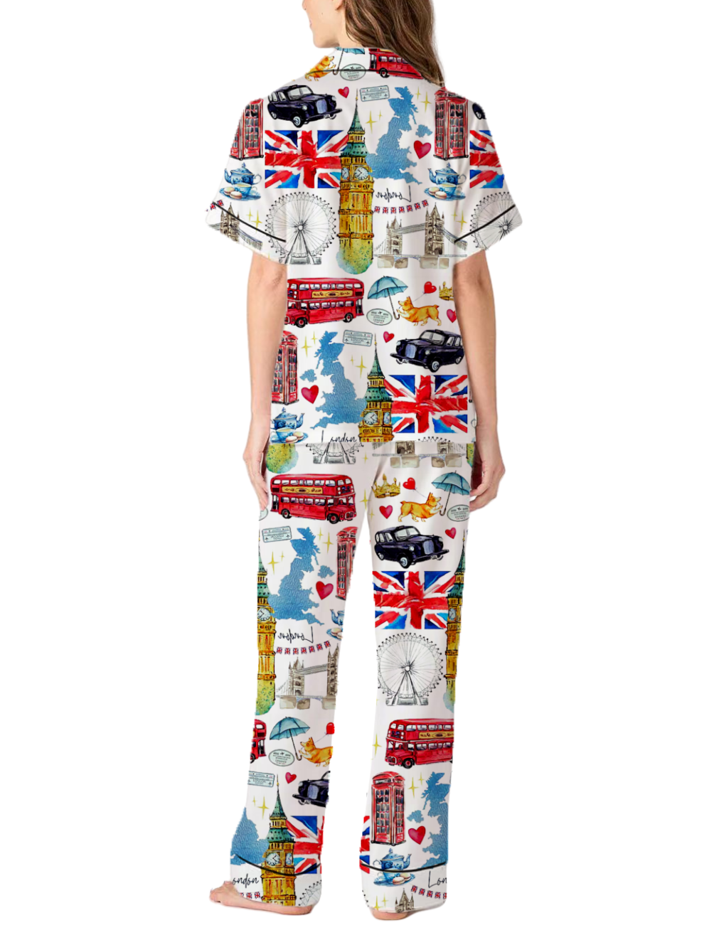 London Theme Silky Satin Pajama Pants Set For Women