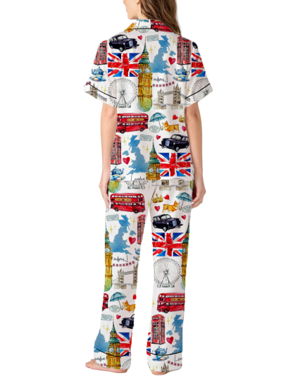 London Theme Silky Satin Pajama Pants Set For Women