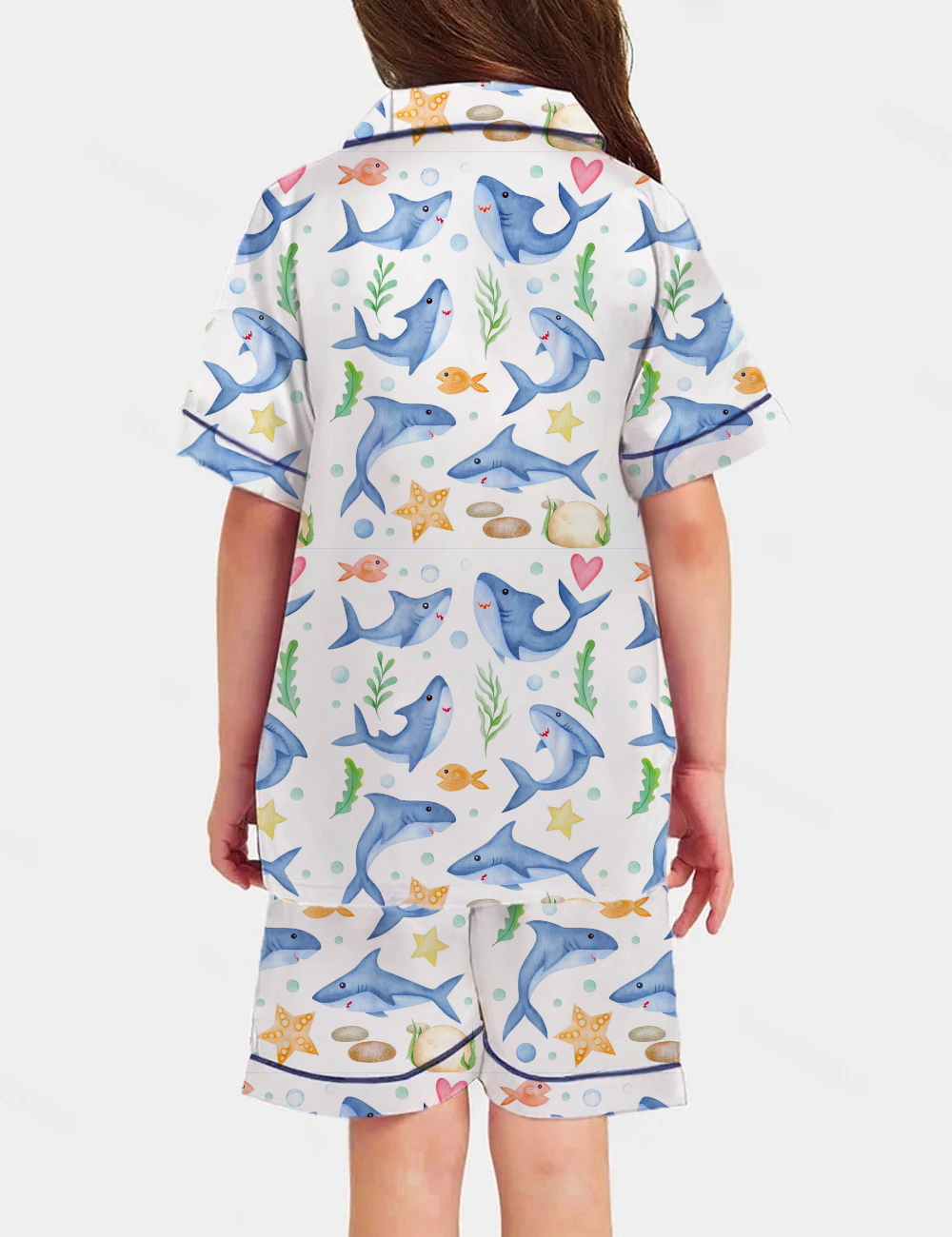 Cartoon Shark Marine Life Theme Kid's Short Sleeve  Silky Satin Pajama Set 