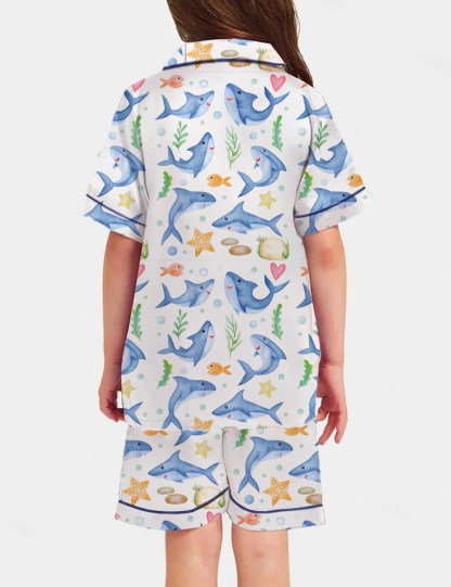 Cartoon Shark Marine Life Theme Kid's Short Sleeve  Silky Satin Pajama Set 