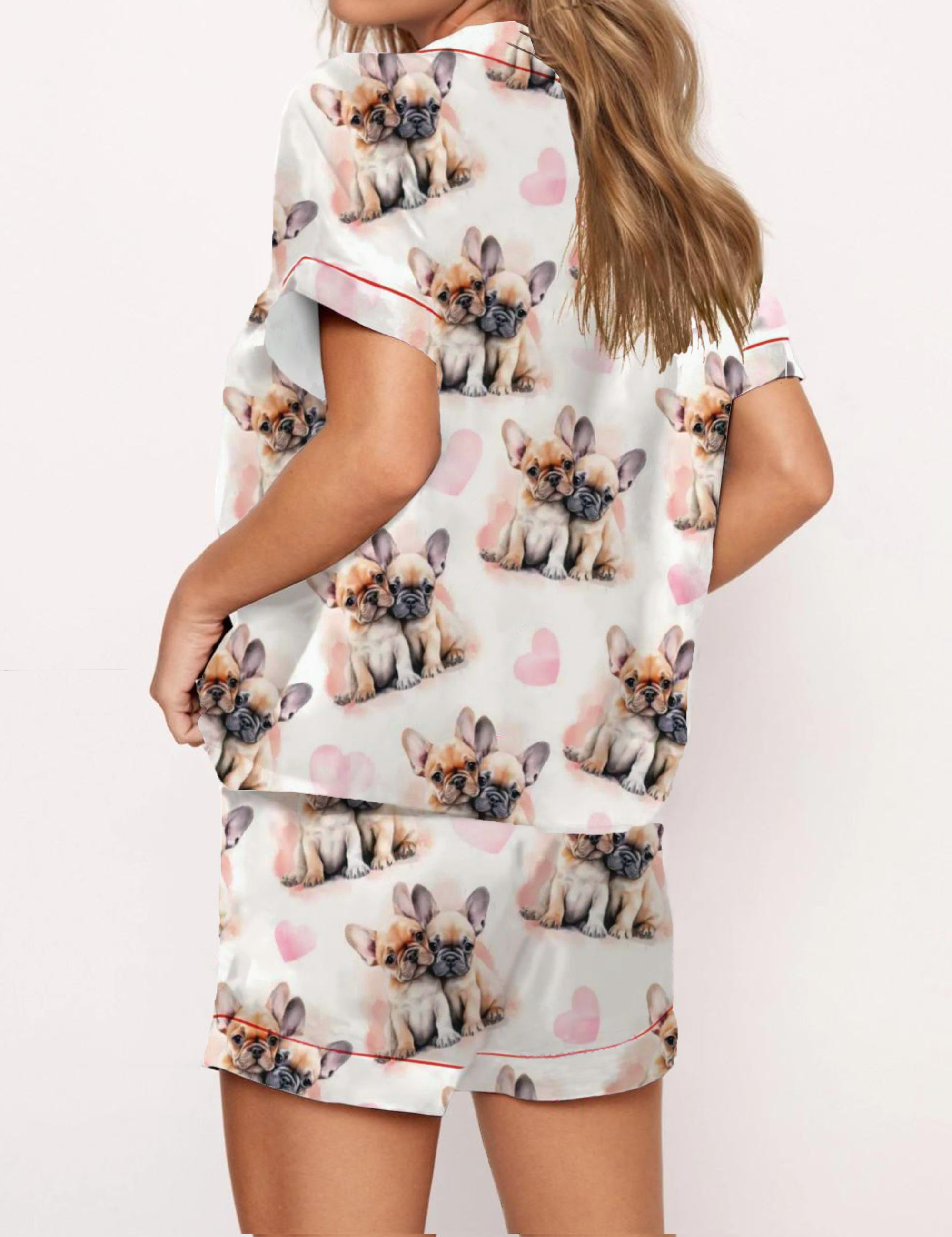 Cute French Bulldog Puppies Silky Satin Pajama Short Set For Women