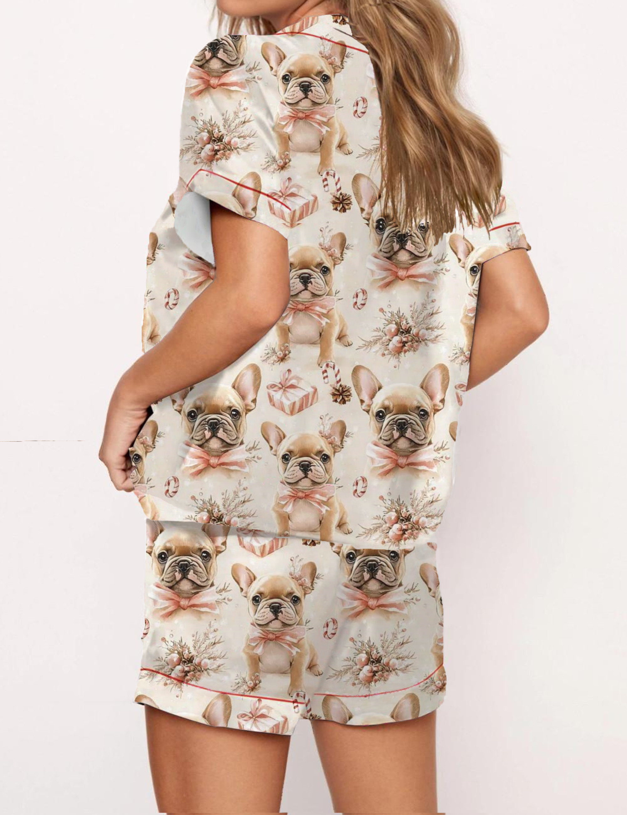 Christmas French Bulldog Silky Satin Pajama Short Set For Women