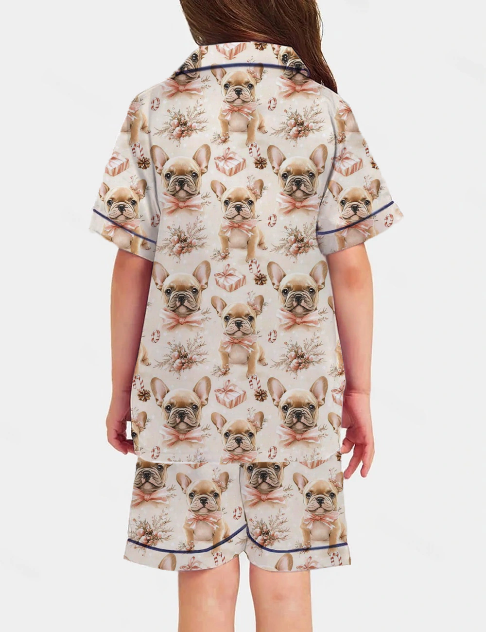 Christmas French Bulldog Kid's Short Sleeve  Silky Satin Pajama Set 