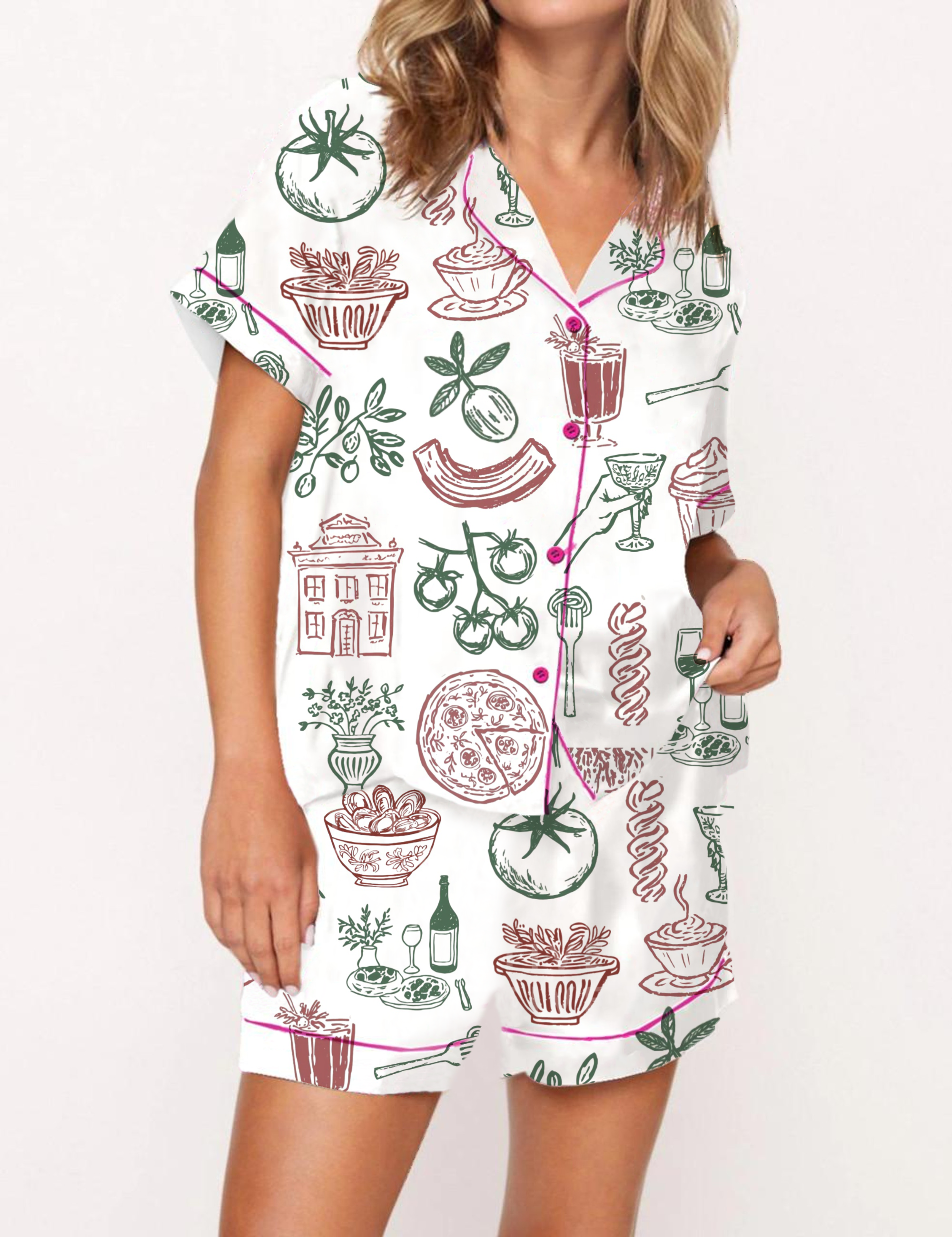 Italy Cuisine Silky Satin Pajama Short Set For Women