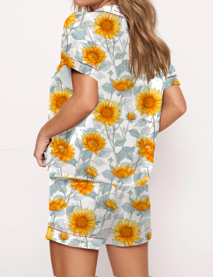 Sunflower Silky Satin Pajama Short Set For Women