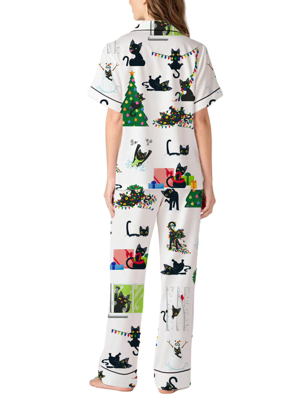 Funny Black Cat Christmas Silky Satin Pajama Pants Set For Women