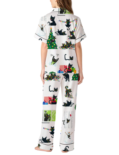 Funny Black Cat Christmas Silky Satin Pajama Pants Set For Women