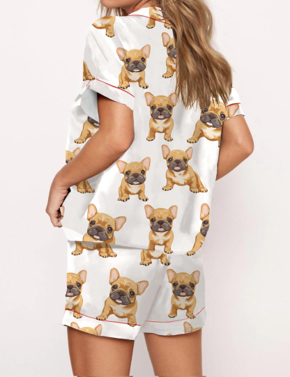 French Bulldog Silky Satin Pajama Pants Set For Women