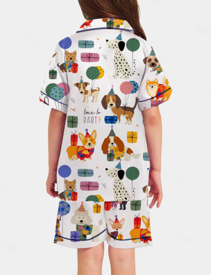 Birthday Dog Party Kid's Short Sleeve  Silky Satin Pajama Set 