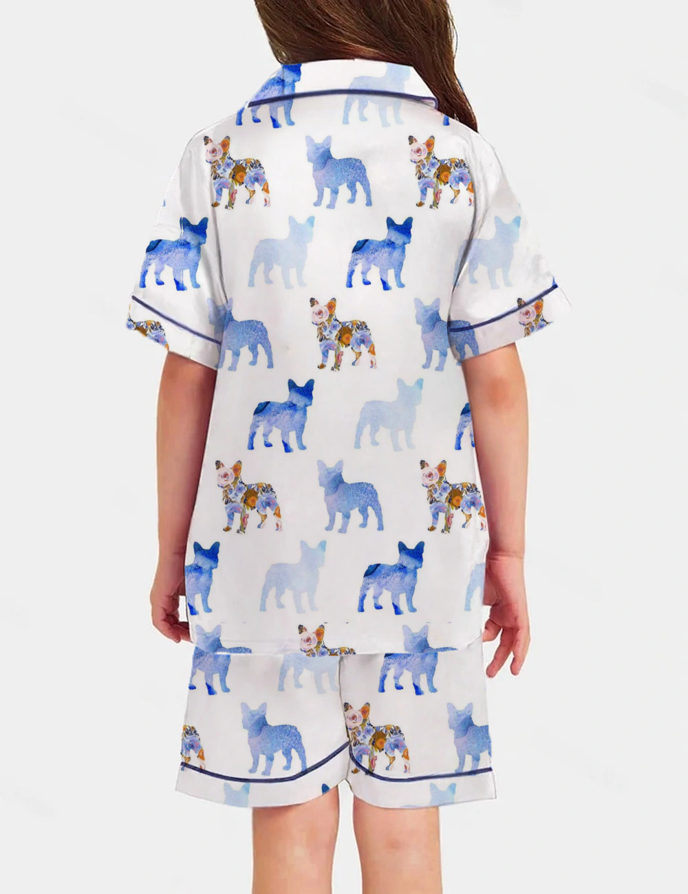 Blue Watercolor Floral French Bulldogs Kid's Short Sleeve  Silky Satin Pajama Set 