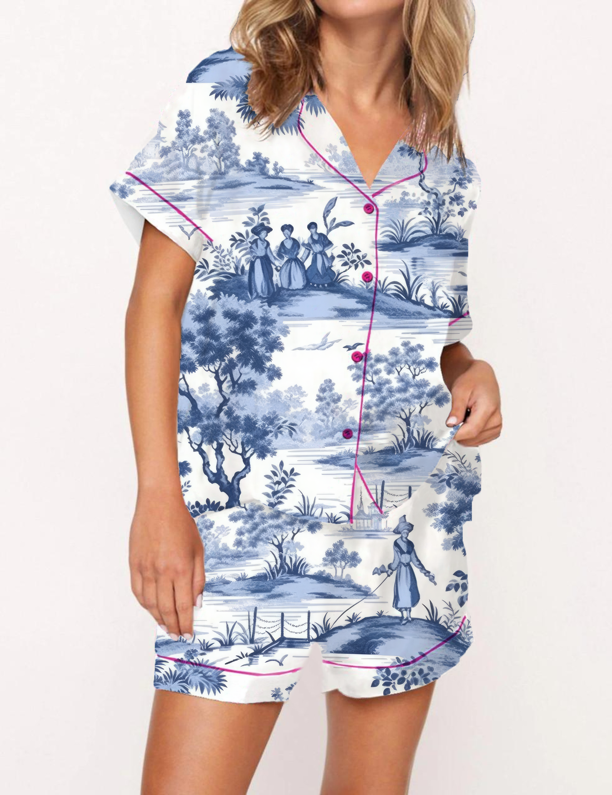 French Toile Silky Satin Pajama Short Set For Women