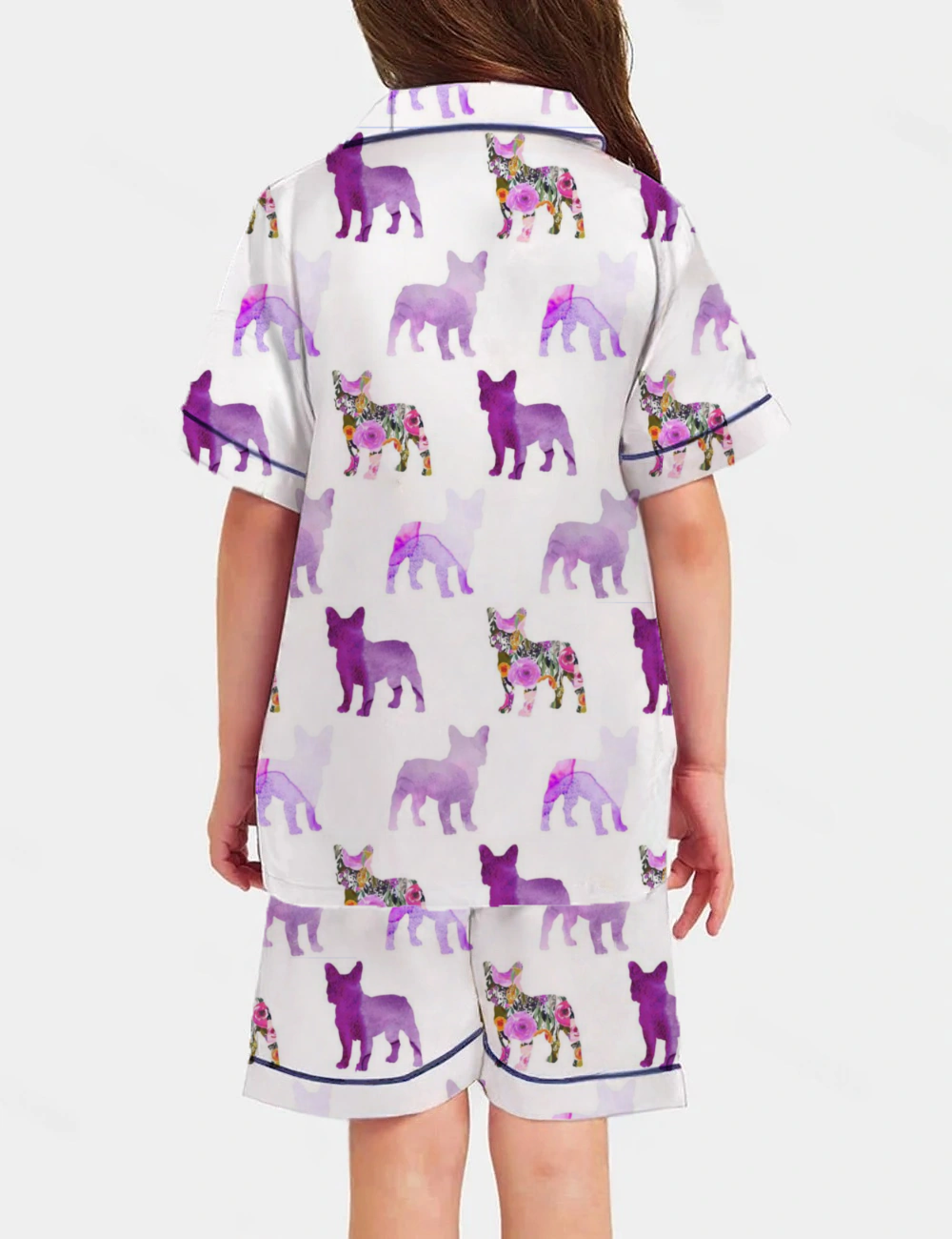 Purple Watercolor Floral French Bulldogs Kid's Short Sleeve  Silky Satin Pajama Set 
