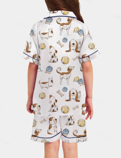 Cartoon Dog Kid's Short Sleeve  Silky Satin Pajama Set 