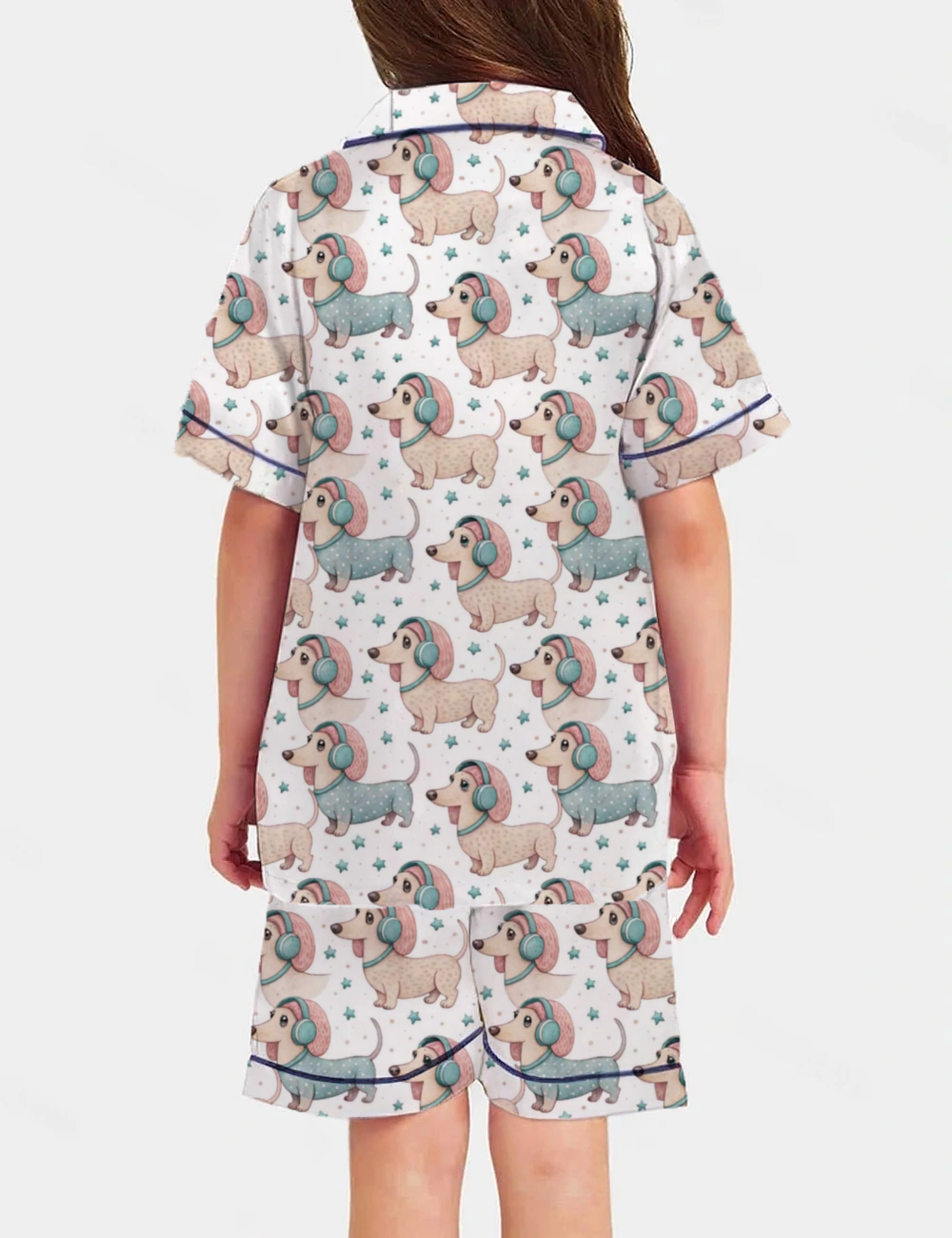 Cheerful Dog Wearing Headphones Kid's Short Sleeve  Silky Satin Pajama Set 