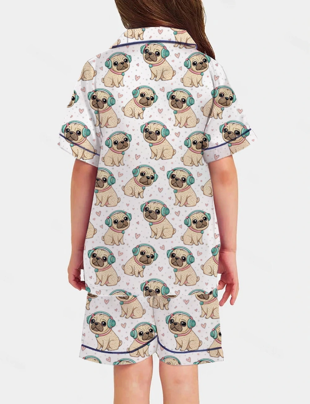 Cheerful Dog Wearing Headphones Kid's Short Sleeve  Silky Satin Pajama Set 