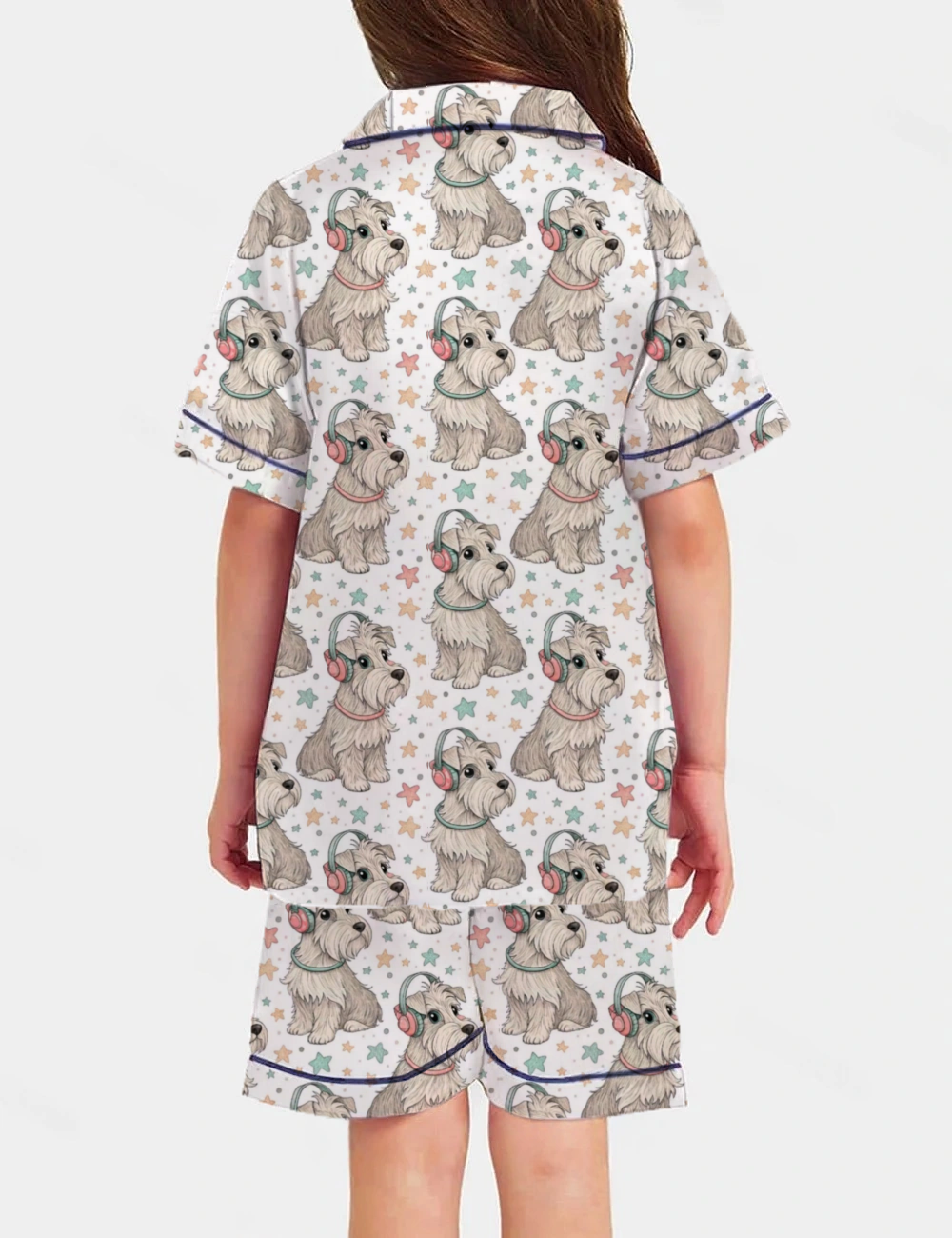 Cheerful Dog Wearing Headphones Kid's Short Sleeve  Silky Satin Pajama Set 