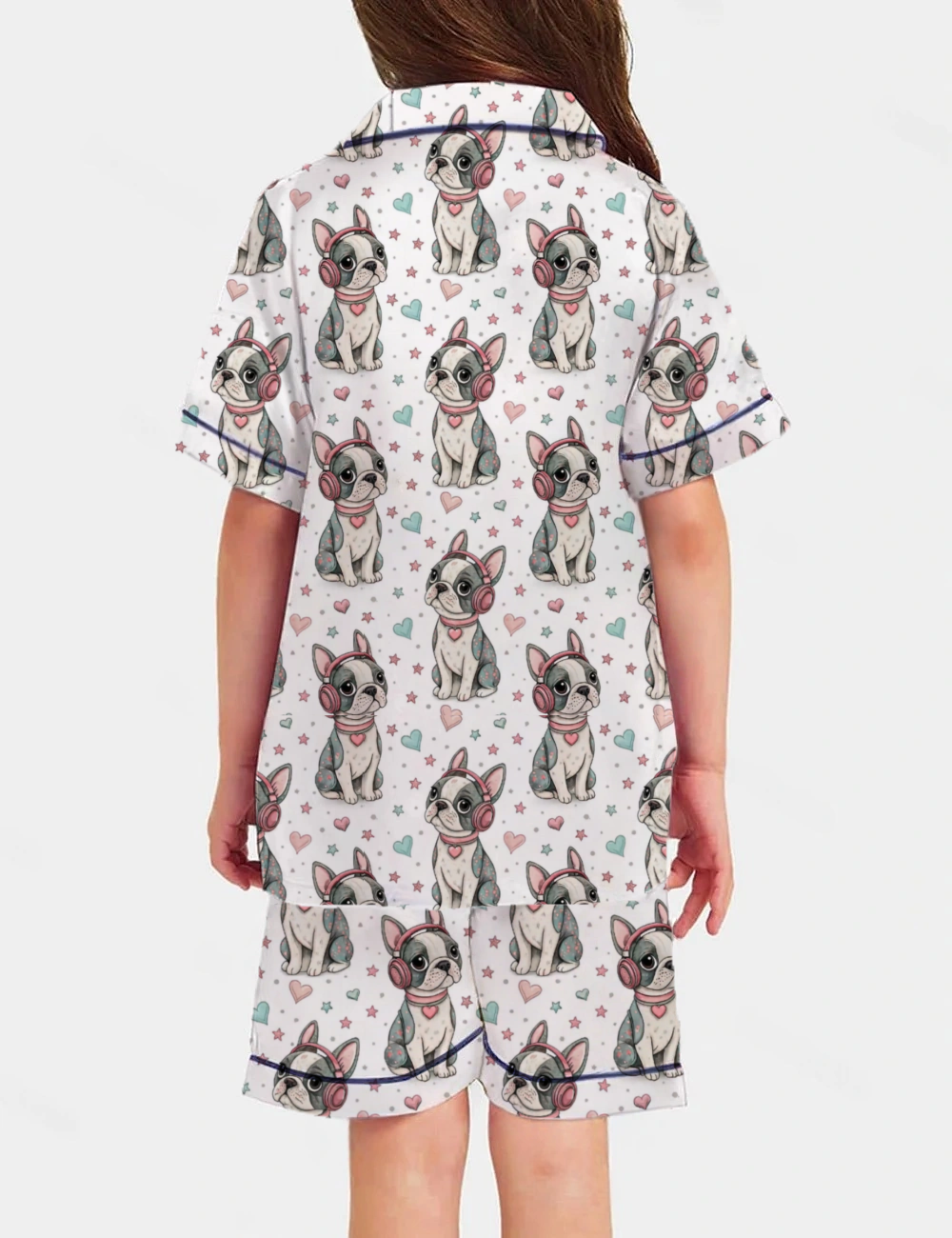 Cheerful Dog Wearing Headphones Kid's Short Sleeve  Silky Satin Pajama Set 