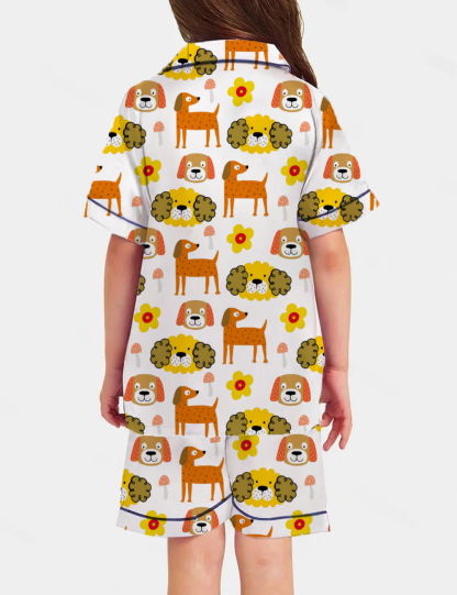 Cute Dog Party Kid's Short Sleeve  Silky Satin Pajama Set 