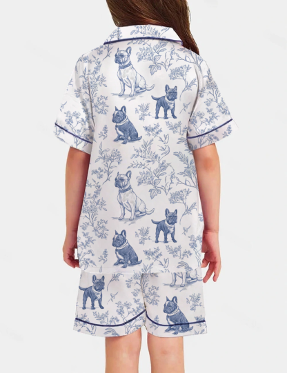 French Bulldogs Toile Kid's Short Sleeve  Silky Satin Pajama Set 