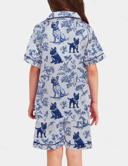French Bulldogs Toile Kid's Short Sleeve  Silky Satin Pajama Set 