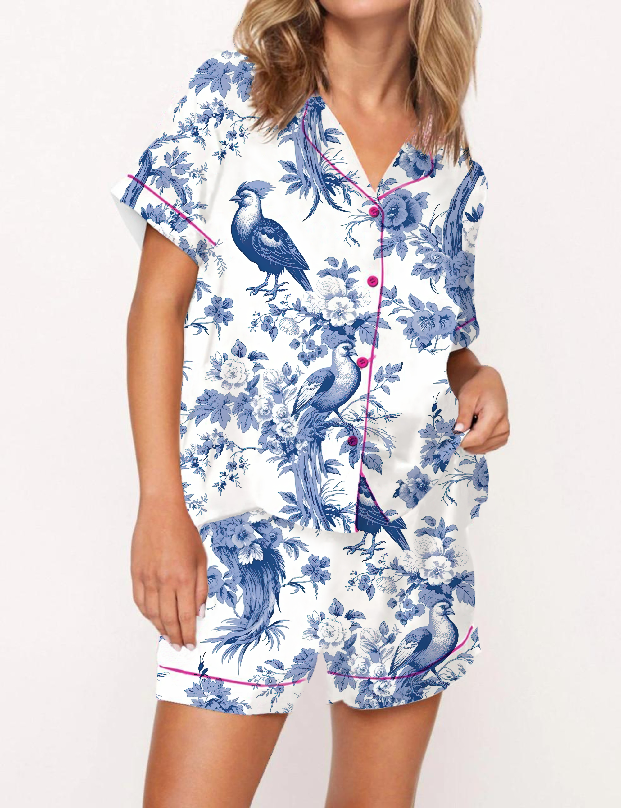 Bird Flower Toile Silky Satin Pajama Short Set For Women