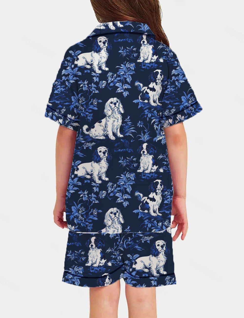 Cavalier King Charles Toile Kid's Short Sleeve  Silky Satin Pajama Set 