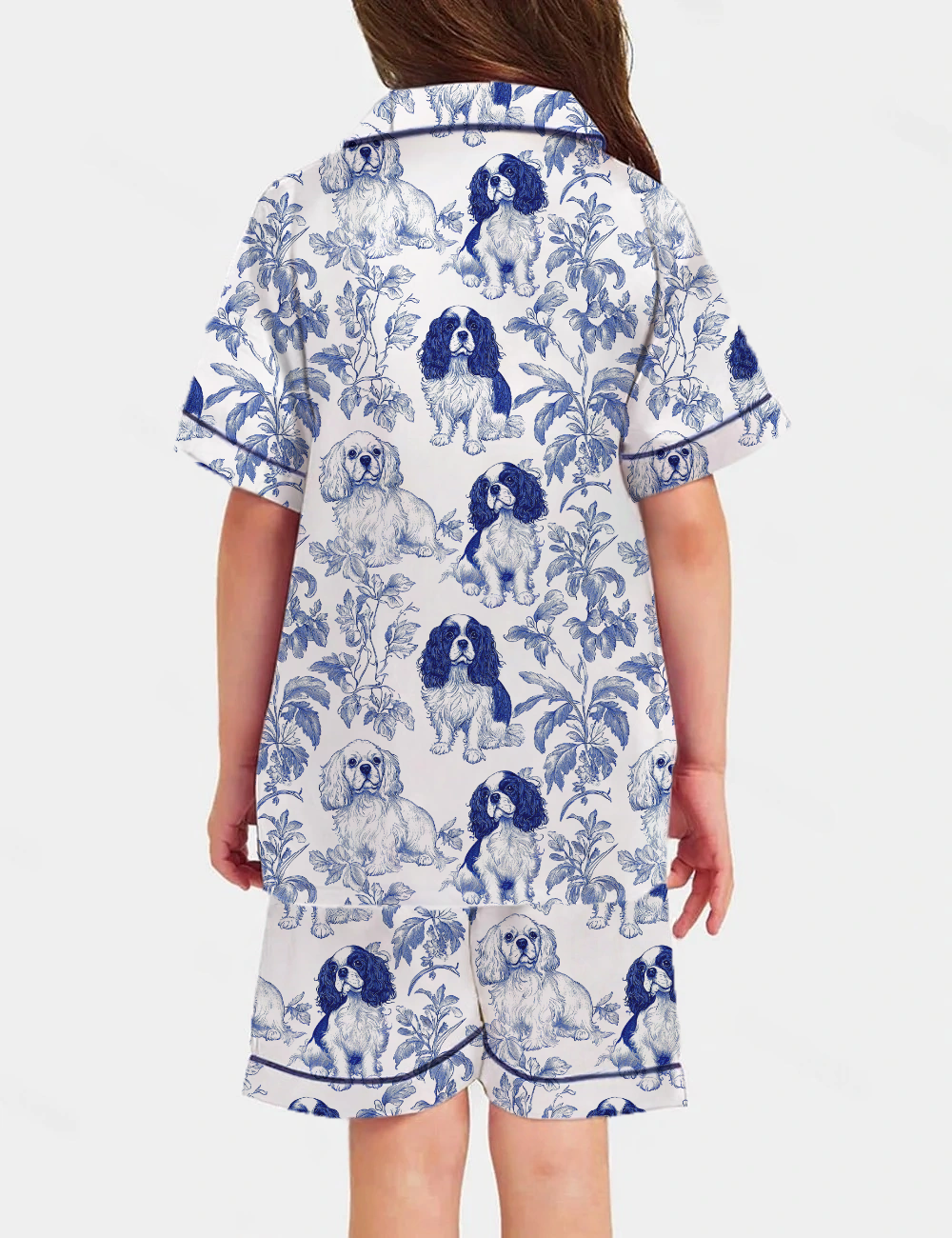 Cavalier King Charles Toile Kid's Short Sleeve  Silky Satin Pajama Set 