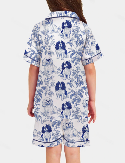 Cavalier King Charles Toile Kid's Short Sleeve  Silky Satin Pajama Set 