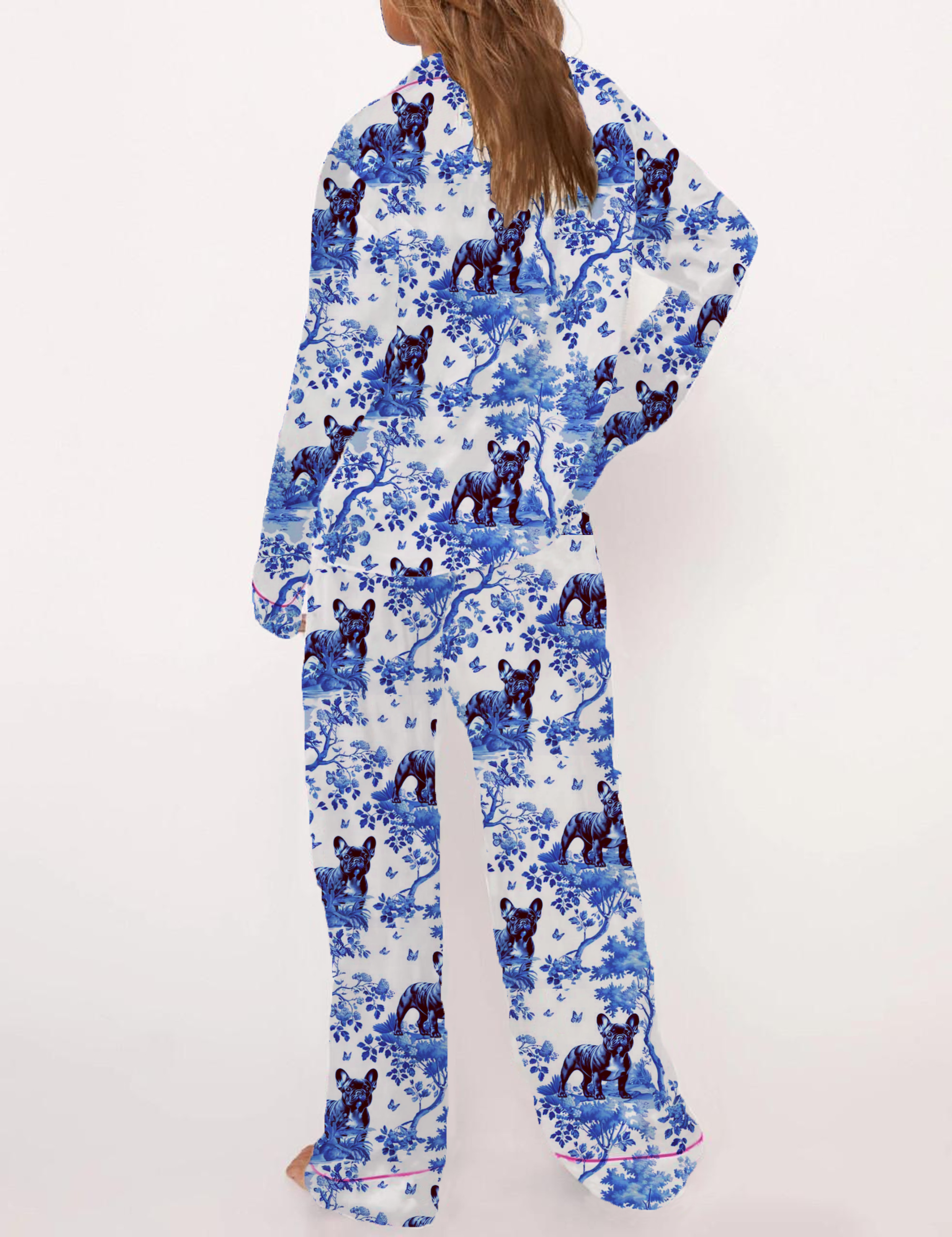 French Bulldog Toile Silky Satin Pajama Short Set For Women