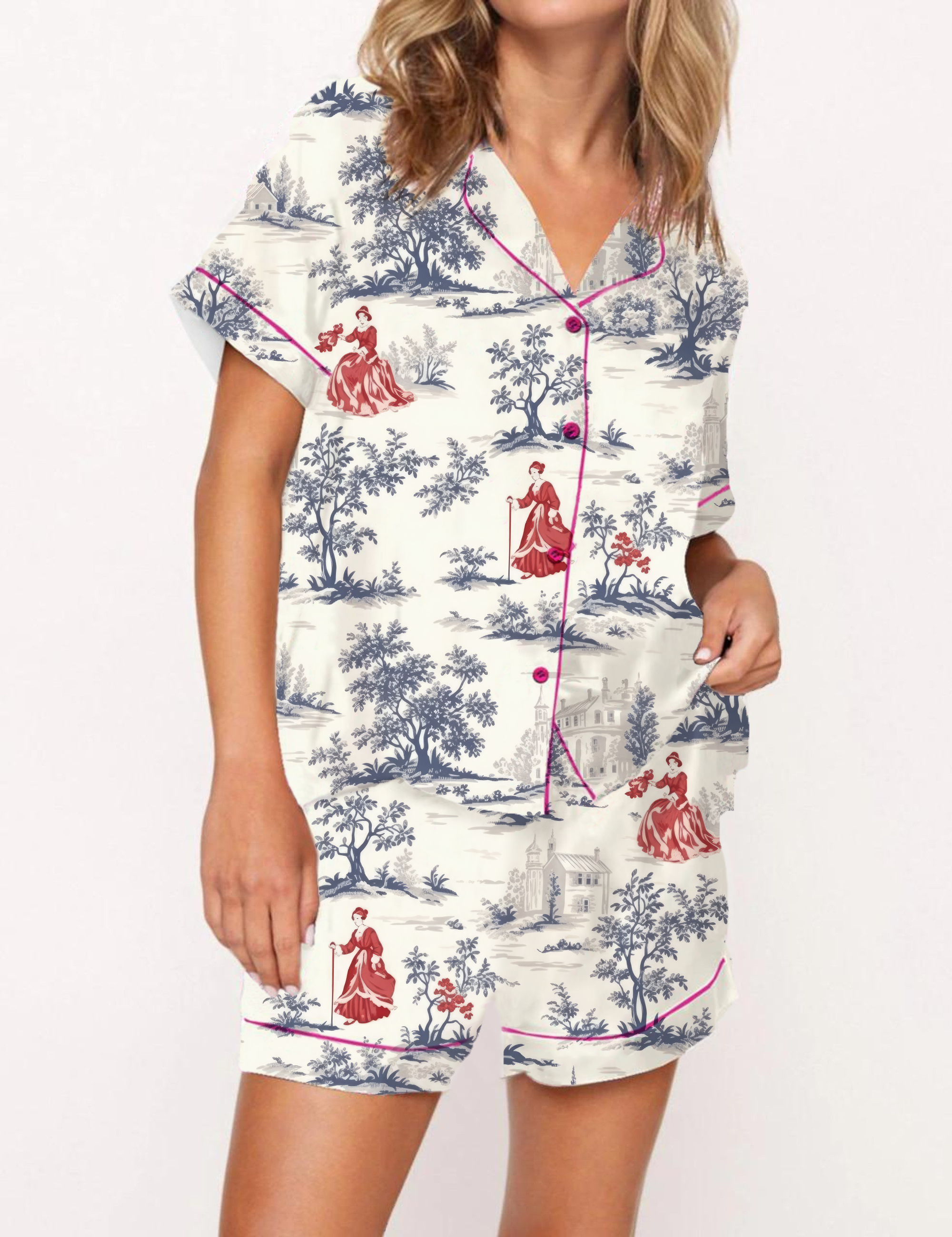Classical Style Toile Silky Satin Pajama Short Set For Women