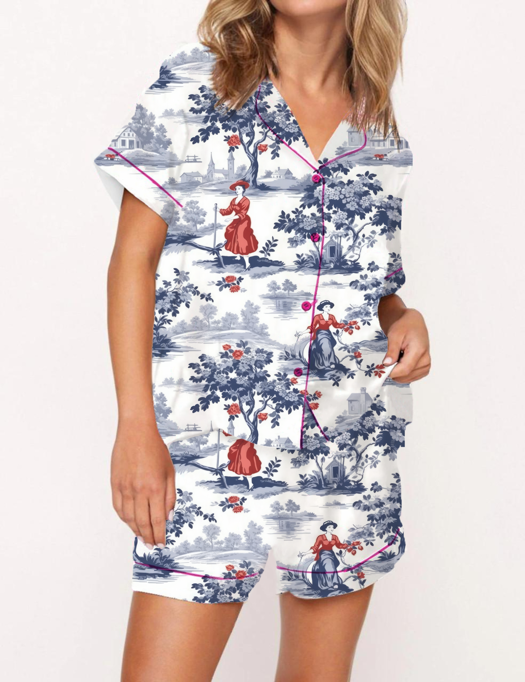 French Pastoral Retro Style Toile Silky Satin Pajama Short Set For Women