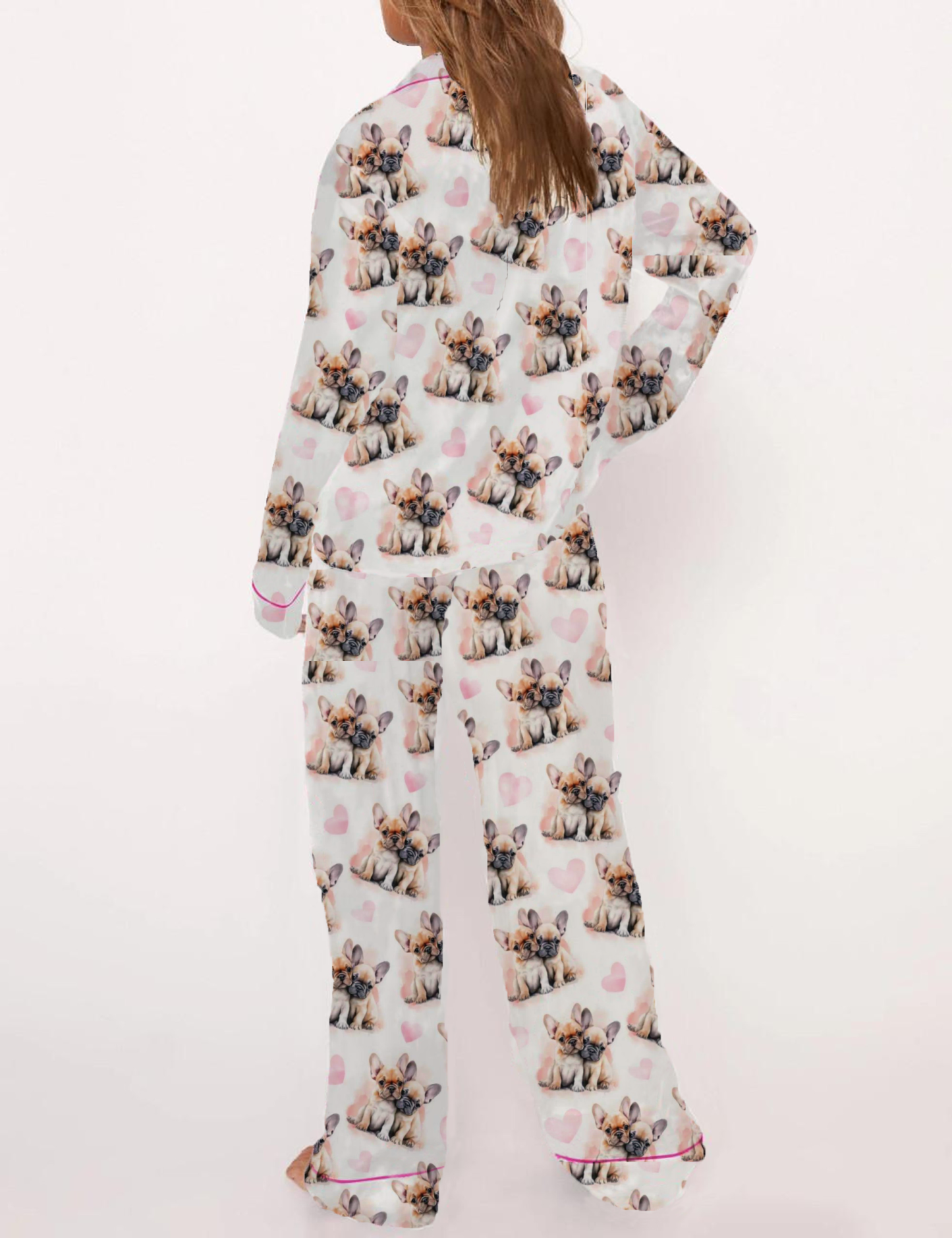 Cute French Bulldog Puppies Valentine's Day Silky Satin Pajama Short Set For Women