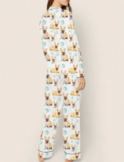 Cute Cream Color French Bulldog Puppy Silky Satin Pajama Set For Women