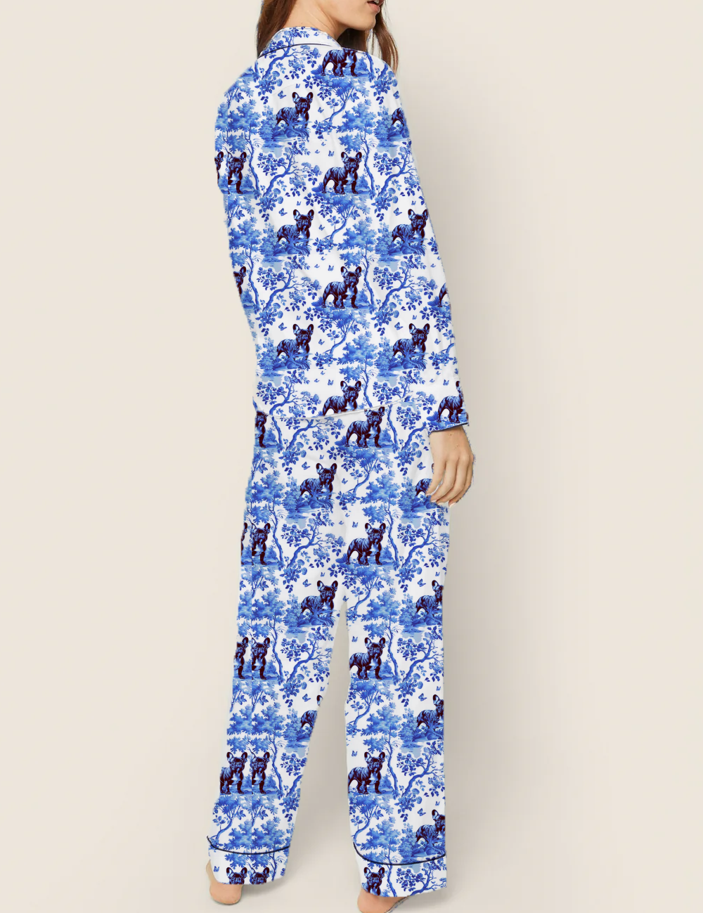 French Bulldog Toile Silky Satin Pajama Set For Women