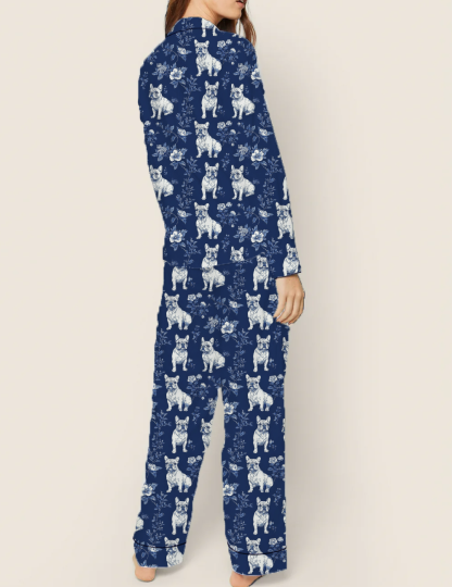 French Bulldogs Toile Silky Satin Pajama Set For Women