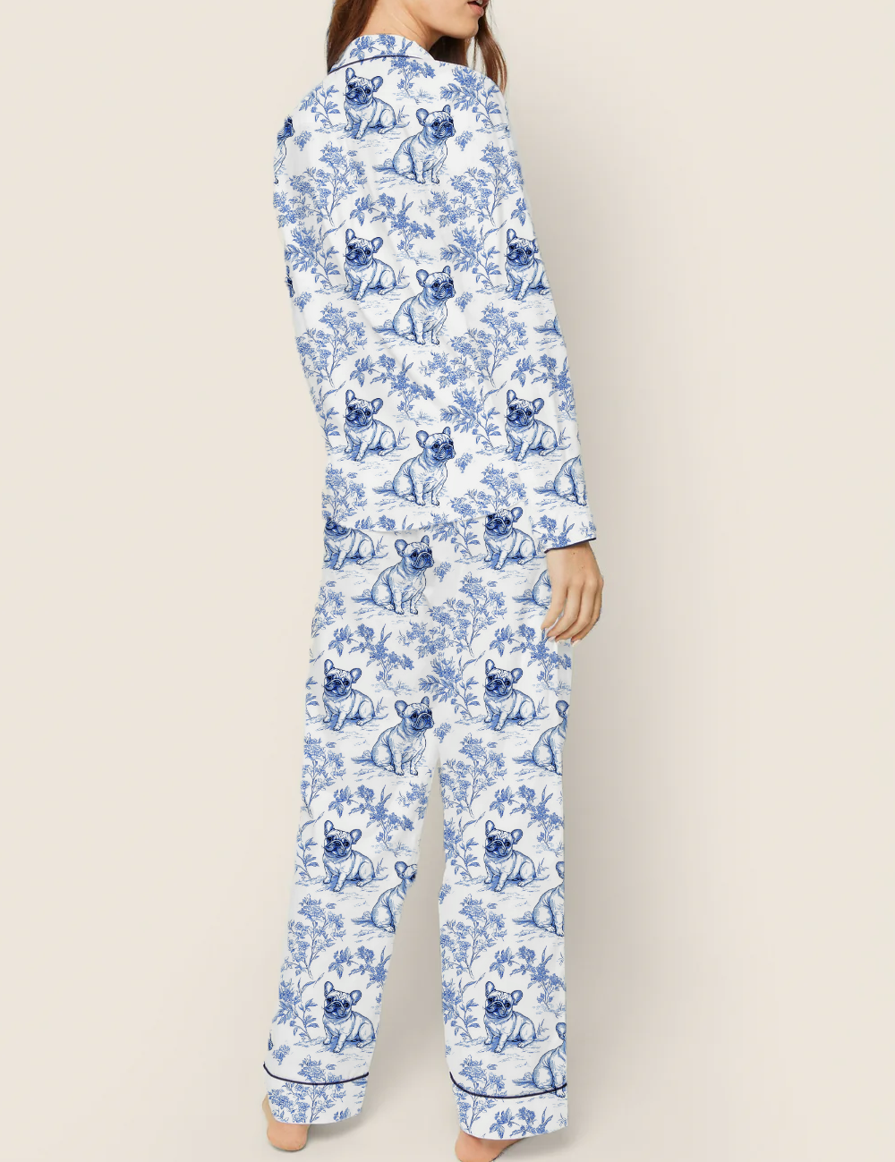 French Bulldogs Toile Silky Satin Pajama Set For Women