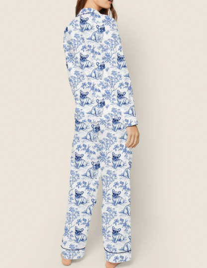 French Bulldogs Toile Silky Satin Pajama Set For Women