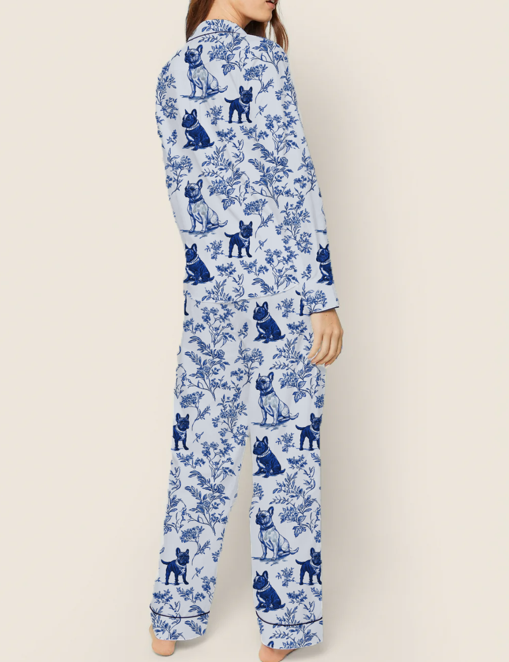 French Bulldogs Toile Silky Satin Pajama Set For Women