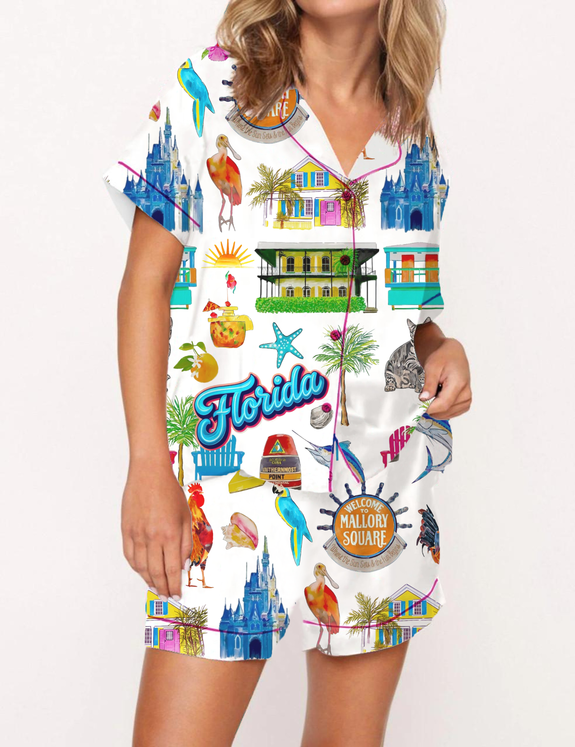 Florida Travel Silky Satin Pajama Short Set For Women