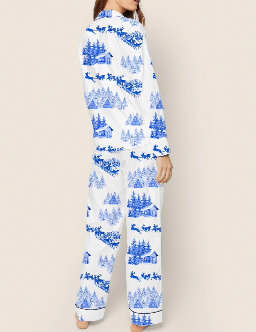 Christmas Theme Toile Silky Satin Pajama Set For Women