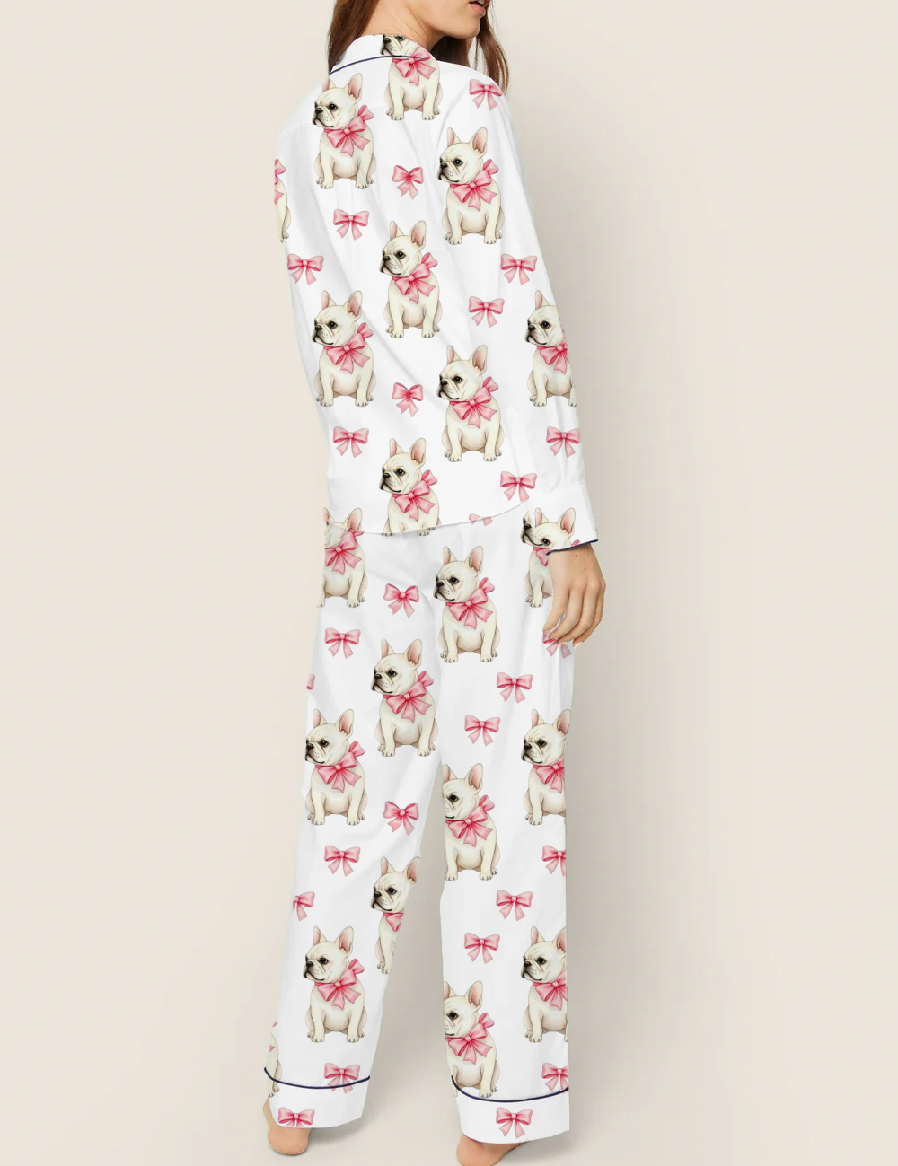 Pink Bow French Bulldogs Silky Satin Pajama Set For Women
