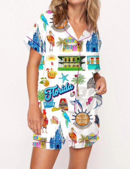 Florida Travel Silky Satin Pajama Short Set For Women