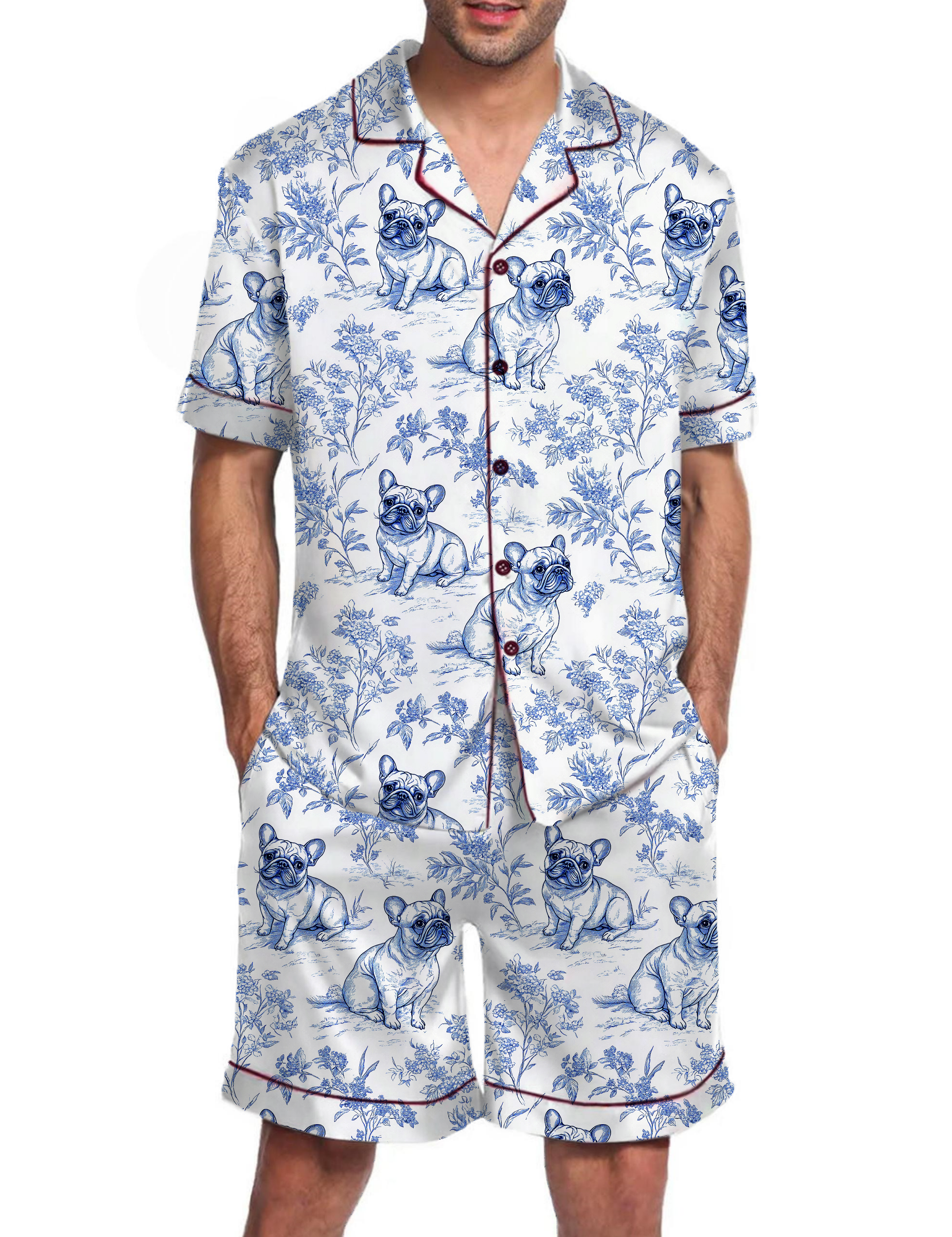 French Bulldogs Toile Silky Satin Pajama Short Set For Man