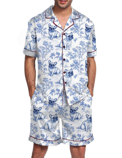 French Bulldogs Toile Silky Satin Pajama Short Set For Man
