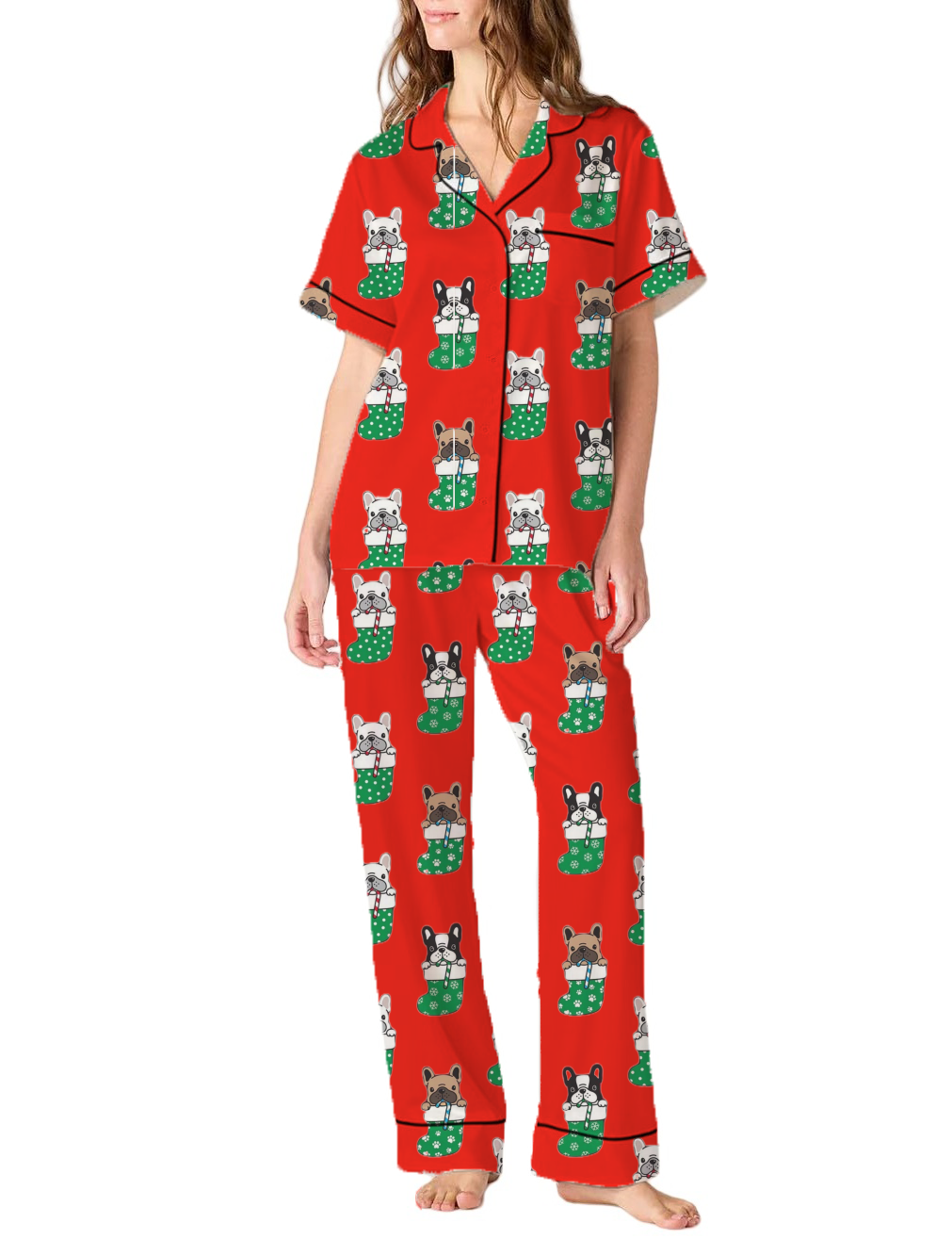 Stocking French Bulldog Silky Satin Pajama Set For Women